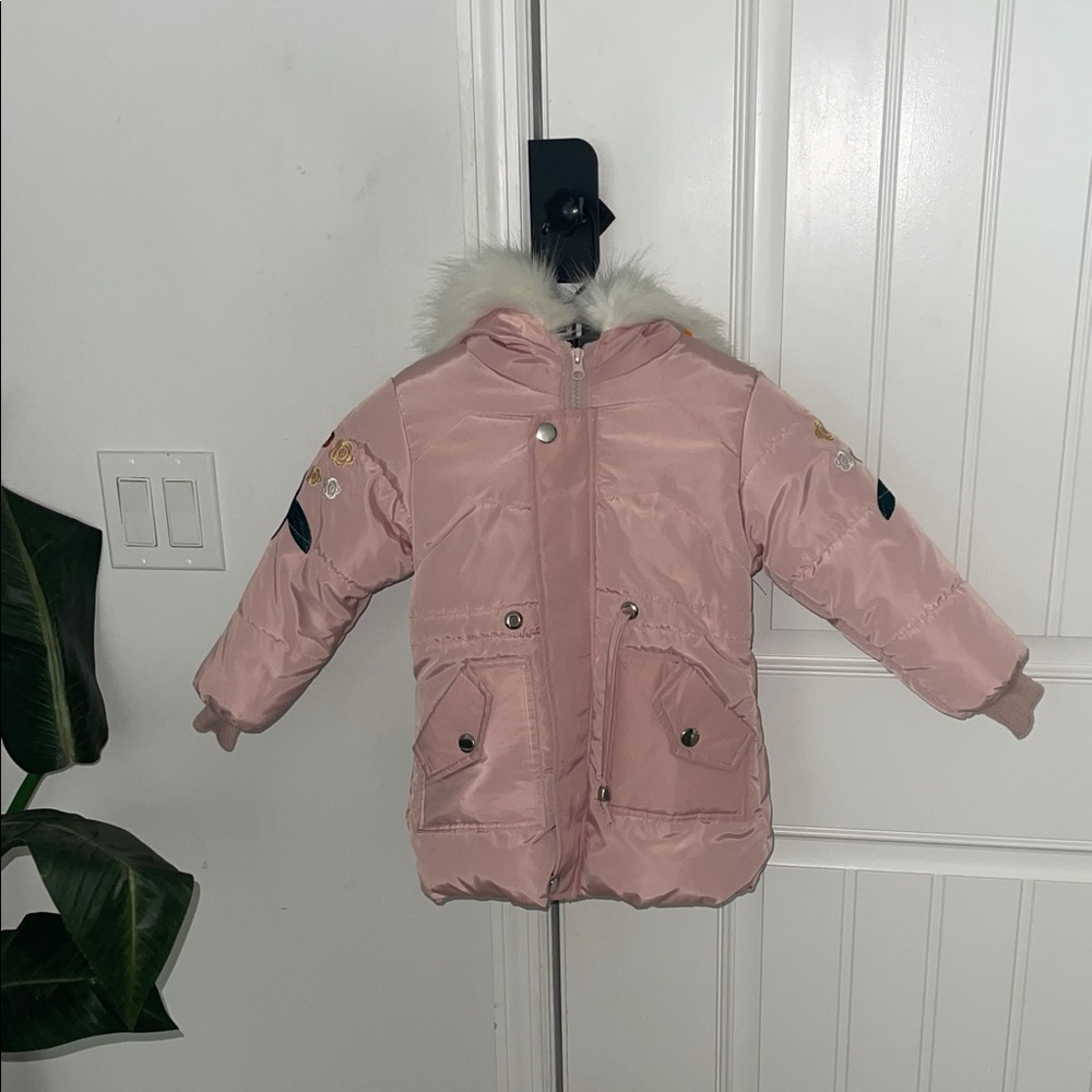 Pink Fur-Trimmed Kids' hoodies Winter Coat